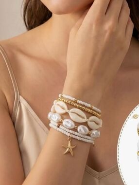 New Boho/ Festival Vibes Gold & White Seashell Beaded Bracelet Stack